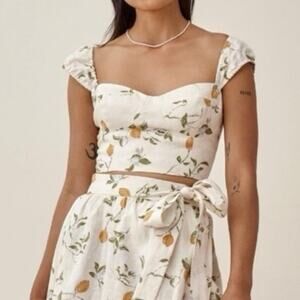 Reformation 100% Linen Crop Top Corset Size 0 Citron Print Lemons Sweetheart